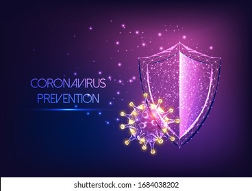 Futuristic immune system protection from coronavirus Covid-19 disease concept with glowing low poly shield and virus cells on dark purple background. Microbiology, immunology. Vector illustration.