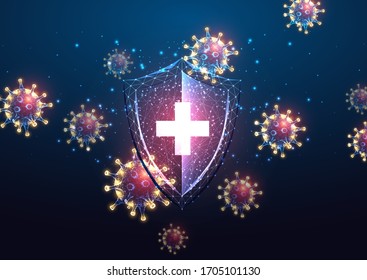 Futuristic immune system protection from coronavirus Covid-19 disease concept with glowing low poly shield and virus cells on dark purple background. Microbiology, immunology. Vector illustration.