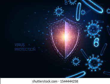 Futuristic immune system protection from infectious diseases concept with glowing low polygonal shield,  coronavirus and bacteria cells on dark blue background. Immunology. Vector illustration.