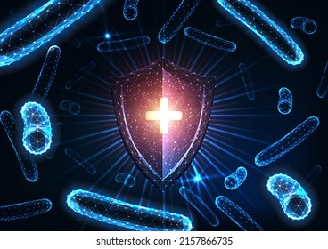 Futuristic immunity, antibacterial medical protection concept with glowing shield and bacteria