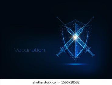 Futuristic immunization concept with glowing low polygonal syringe with vaccine and protection shield on dark blue background. Medicine health care. Modern wire frame mesh design vector illustration.