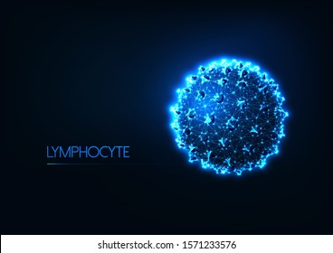 Futuristic Immunology Concept With Glowing Low Polygonal Human Lymphocyte White Blood Cell Or Cancer Cell On Dark Blue Background. Oncology, Hematology Research. Modern Wire Frame Mesh Illustration.