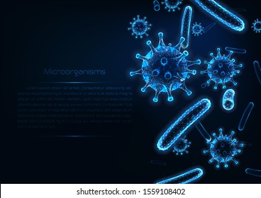 Futuristic immunology web banner template with glowing low polygonal virus and bacteria cells and copy space for text on dark blue background. Microbiology concept. Modern mesh vector illustration.