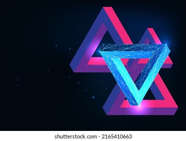 Triángulos futuristas imposibles de azul y rosa, pancarta de concepto infinito en brillante estilo de polos bajo 