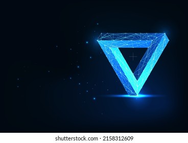 Futuristic impossible triangle, infinity concept in glowing low polygonal style on dark blue