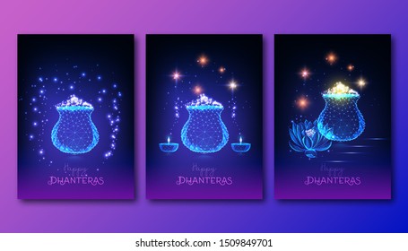 Futuristic indian Shub Dhanteras festival posters set with glowing low polygonal pots of gold, diya and lotus flower on dark blue and purple background. Modern wireframe design vector illustration. 