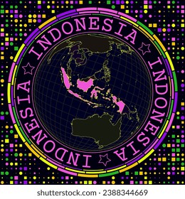 Futuristic Indonesia on globe. Bright neon satelite view of the world centered to Indonesia. Geographical illustration with shape of country and geometric background. Beautiful vector illustration.