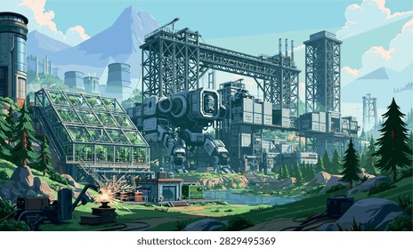 Futuristic Industrial Complex with Giant Robot and Greenhouse in Nature