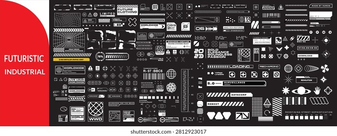 Futuristic industrial micrographics and cyberpunk technical labels. 