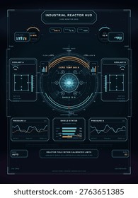 Futuristic industrial reactor HUD interface displaying core temperature, shield status, coolant levels, pressure graphs, and system diagnostics in a sci-fi style layout.