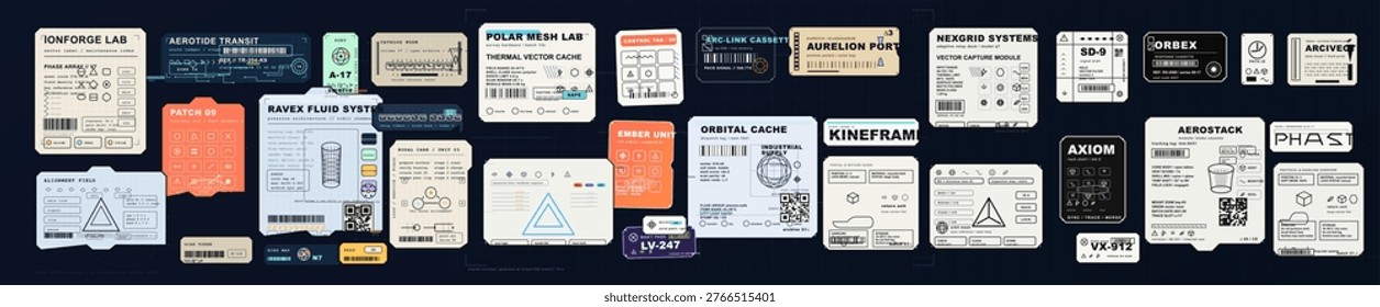 Futuristic industrial techwear graphics set featuring sci-fi labels, tags, decals, emblems, and pseudo-brand logos. Clean vector elements designed for apparel prints, packaging, and advanced UI-inspired visuals.