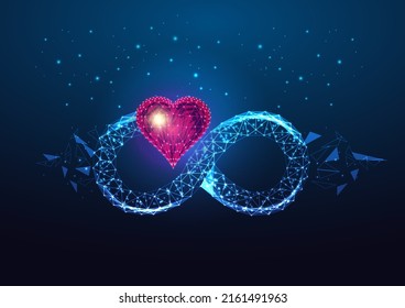 Futuristic infinite love concept with glowing red heart shape and infinity symbol on dark blue