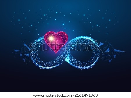 Futuristic infinite love concept with glowing red heart shape and infinity symbol on dark blue