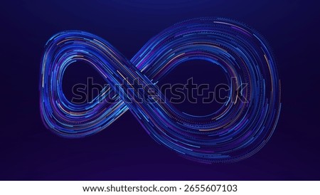 Futuristic Infinity Loop With Glowing Blue Particles On Dark Background. Abstract Dynamic Data Lines Background. Technology or Science AI Event Presentation Banner Backdrop. Vector Illustration.