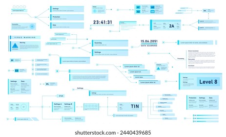 Futuristic infochart white set. Graphs and diagrams with neon color. Data and information scanning. Statistics and infographics. Cartoon flat vector collection isolated on white background