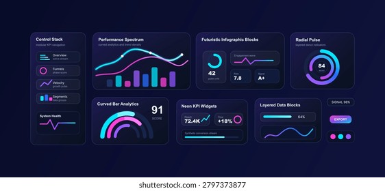 Futuristic Infographic Blocks Dashboard UI Vector. Neon dashboard UI with control stack, performance spectrum, radial pulse, curved bar analytics, KPI widgets, layered data blocks and export controls.
