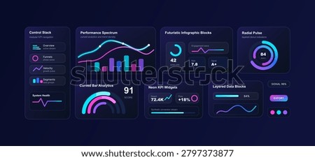 Futuristic Infographic Blocks Dashboard UI Vector. Neon dashboard UI with control stack, performance spectrum, radial pulse, curved bar analytics, KPI widgets, layered data blocks and export controls.
