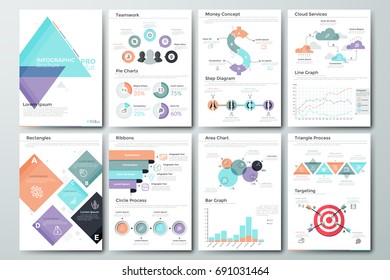 Futuristic infographic brochure template. Pages with diagrams, bar and line graphs and charts. Concept of statistical data visualization and representation of information. Vector illustration.