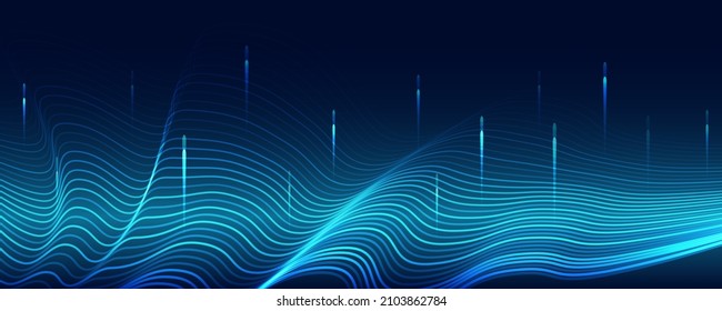 Futuristic infographic design. Abstract equalizer particles glowing waves background. Big data 3d technology concept.
