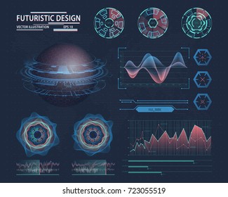 Futuristic infographic with globe or orb and linear graph, lines for sound waves and circles showing loading status. Technology interface design for visualization. Sci-fi and science, analysis theme
