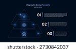 Futuristic Infographic Pyramid Diagram with Triangle Three Levels Chart for Tech Presentation showing Glow Neon Technology Hightech Icons Software Elements Development Data Algorithm Coding Innovation