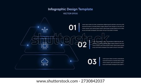 Futuristic Infographic Pyramid Diagram with Triangle Three Levels Chart for Tech Presentation showing Glow Neon Technology Hightech Icons Software Elements Development Data Algorithm Coding Innovation