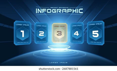 Futuristische Infografik mit leuchtenden blauen Elementen über einer digitalen Plattform. Technologiekonzept.