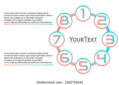 Futuristic Infographic template with 8 options (steps) and place for text. Trendy coral color circles template design for report, banner, workflow, business presentation. Vector EPS 10 illustration