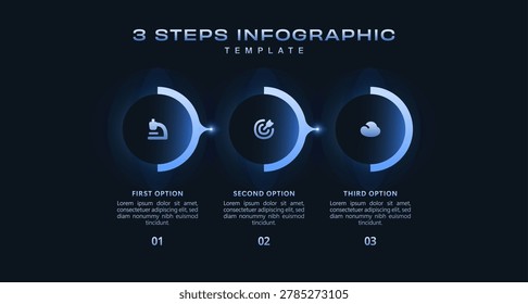 Futuristic infographic template featuring 3 business steps, glowing blue gradient workflow, modern process presentation design, digital technology vector layout for corporate reports