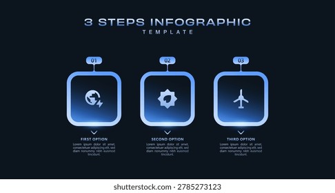 Futuristic infographic template featuring 3 business steps, glowing blue gradient workflow, modern process presentation design, digital technology vector layout for corporate reports
