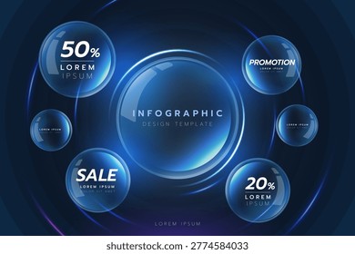 Futuristic infographic template featuring glowing 3D glass spheres and neon light rings, ideal for marketing sales and creative data displays.