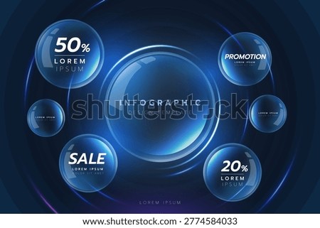 Futuristic infographic template featuring glowing 3D glass spheres and neon light rings, ideal for marketing sales and creative data displays.