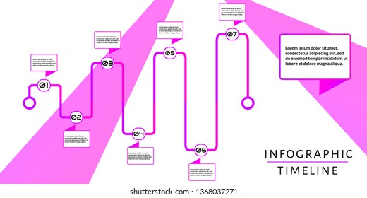 Futuristic Infographic timeline template with 7 options (steps, years) and place for text. Modern design for report, banner, workflow, business presentation. Editable vector EPS 10 illustration