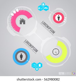Futuristic infographics with everyday life of man and woman elements of virtual user interface vector illustration