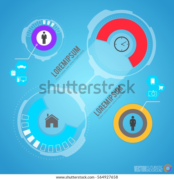 Futuristic infographics with icons of male\
and female hobbies digital technology elements on blue background\
vector illustration