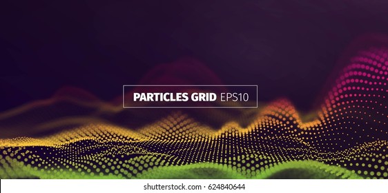 Futuristic infographics. Wavy particles grid. Abstract sound wave flow background
