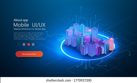 Futuristic infrastructure of a smart night city. Residential urban buildings for isometric innovation flat design. Smart city vector illustration of town with digital communication technology. Vector - Shutterstock ID 1770927200