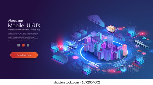 Futuristic infrastructure of a smart night city. Residential urban buildings for isometric innovation. City infrastructure, data traffic,ensure safety. Smart city with digital communication technology
