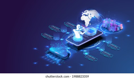 Futuristic infrastructure of a smart night city. City, connected with planet through global mobile internet and cloud on phone. World communication concept. Vector isometric illustration
