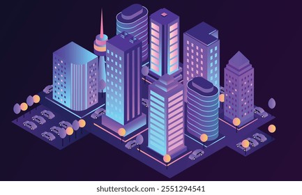 Futuristic infrastructure of a smart night city. Residential urban buildings for isometric innovation flat design, 3d isometric 