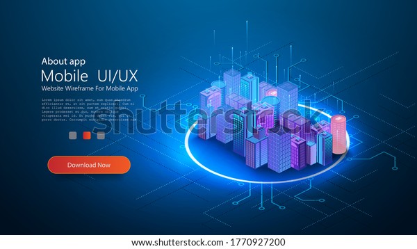 Futuristic infrastructure of a smart night city.\
Residential urban buildings for isometric innovation flat design.\
Smart city vector illustration of town with digital communication\
technology. Vector