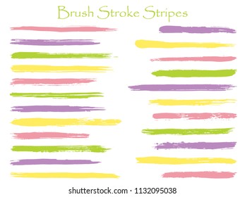 Futuristic ink brush stroke stripes vector set, purple green yellow marker or paintbrush lines patch. Hand drawn watercolor paint brushes, smudge strokes collection. Interior colors scheme elements.