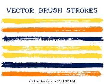Futuristic ink brush strokes isolated design elements. Set of paint lines. Urban Ink brushes stripes isolated on white, vector color palette samples.