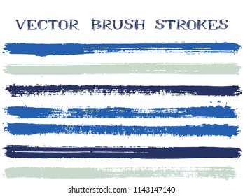 Futuristic ink brush strokes isolated design elements. Set of paint lines. Grungy blue indigo ink brush stripes isolated on white, vector colors guide book samples.