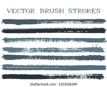 Futuristic ink brush strokes isolated design elements. Set of paint lines. Cool Ink brushe stripes isolated on white, vector color palette samples.