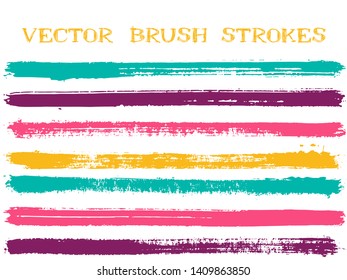 Futuristic ink brush strokes isolated design elements. Set of paint lines. Artistic Ink brushe stripes isolated on white, vector colors guide book samples.