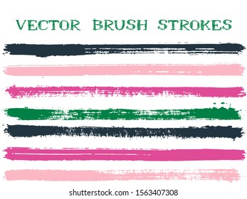 Futuristic ink brush strokes isolated design elements. Set of paint lines. Dirty Ink brushe stripes isolated on white, vector color palette samples.