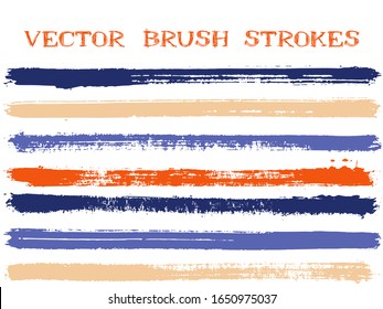 Futuristic ink brush strokes isolated design elements. Set of paint lines. Grungy Ink brushe stripes isolated on white, vector color palette samples.