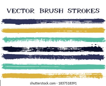 Futuristic ink brush strokes isolated design elements. Set of paint lines. Dirty Ink brushe stripes isolated on white, vector color palette samples.