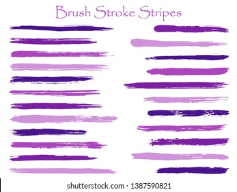 Futuristic ink violet brush stroke stripes vector set, horizontal marker or paintbrush lines patch.  